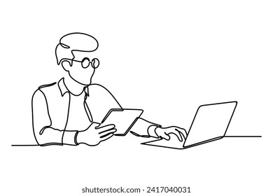 business man working using digital tablet and laptop. continuous line drawing. vector illustration