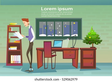 Business Man Workplace Decorated Pine Office Merry Christmas And Happy New Year Flat Vector Illustration