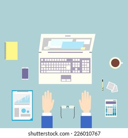 Business man workplace top angle above view sitting at office desk work vector illustration