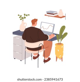 Business man works at laptop computer screen, sitting in chair at table, desk. Employee, remote worker at workplace with notebook PC. Flat graphic vector illustration isolated on white background