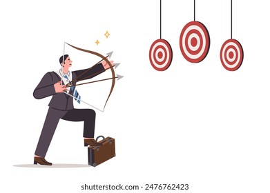 Business man works in multitasking mode, trying to hit several targets at same time, holding bow with arrows in hands. Ambitious manager achieved success through multitasking skills