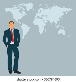Business man with world map in background
