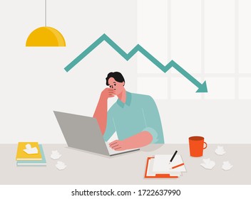 Business man is worrying about the crisis of economy. He was frustrated by the stock price crash. Vector illustration in flat style.