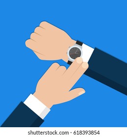 Business man with wristwatch checks time. Hand with clock in flat design on blue background. Vector illustration 