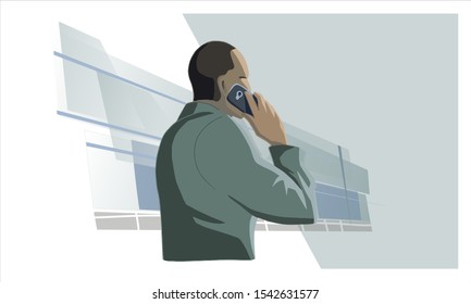 Business man writes message on smartphone. Style modern background. Discussion, conversation, business partnership, team, everyday business life. Flat cartoon colorful vector illustration.