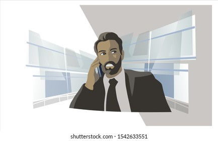 Business man writes message on smartphone. Style modern background. Discussion, conversation, business partnership, team, everyday business life. Flat cartoon colorful vector illustration.