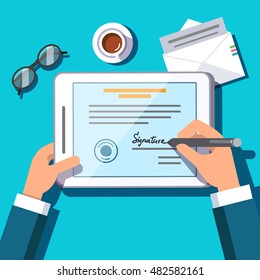 Business man writing an electronic signature on a document or contract on tablet computer screen with a stylus pen. Modern paperwork signing. Flat style modern vector illustration.
