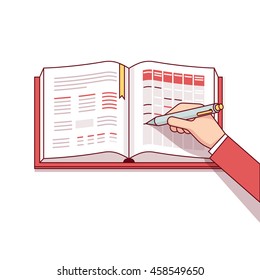 Business man writing his day schedule in notebook or calendar. Making marks with his pen. Modern flat style thin line vector illustration. Concept isolated on white background.