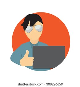 A Business Man wth Laptop Computer in Trendy Flat Style. Communication Concept. Vector Illustration. EPS10
