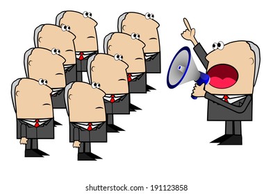 business man yells in a megaphone to the command of inferiors,vector illustration