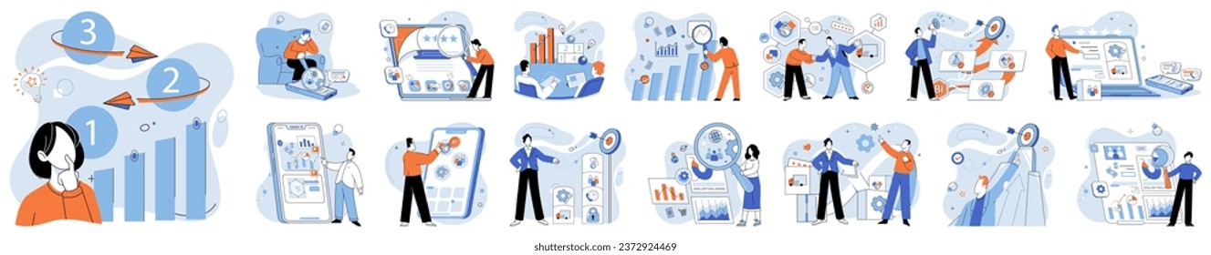 Administración de negocios. Ilustración vectorial. El trabajo duro y la comercialización estratégica son fundamentales para el éxito empresarial Las oportunidades de empleo abundan en el comercio mundial Los contratos comerciales proporcionan un marco