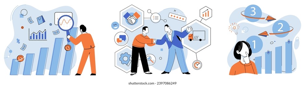 Business manage. Vector illustration. Business managers strategize to achieve their objectives Effective communication is vital in business management Innovation plays significant role in corporate