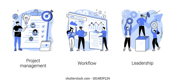 Business management abstract concept vector illustration set. Project management, workflow and leadership, waterfall and agile, development team, productivity software, coaching abstract metaphor.