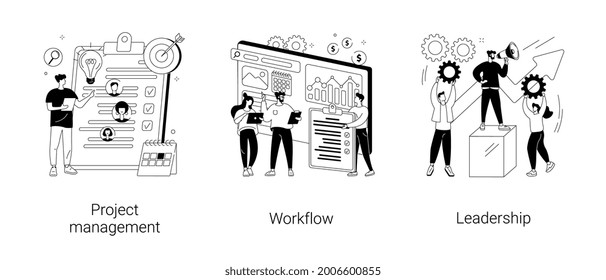 Business management abstract concept vector illustration set. Project management, workflow and leadership, waterfall and agile, development team, productivity software, coaching abstract metaphor.