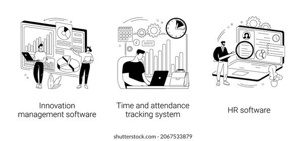 Business Management Abstract Concept Vector Illustration Set. Innovation Management Software, Time And Attendance Tracking System, HR Software, Working Time Tracker, Payroll System Abstract Metaphor.