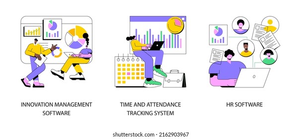 Business Management Abstract Concept Vector Illustration Set. Innovation Management Software, Time And Attendance Tracking System, HR Software, Working Time Tracker, Payroll System Abstract Metaphor.