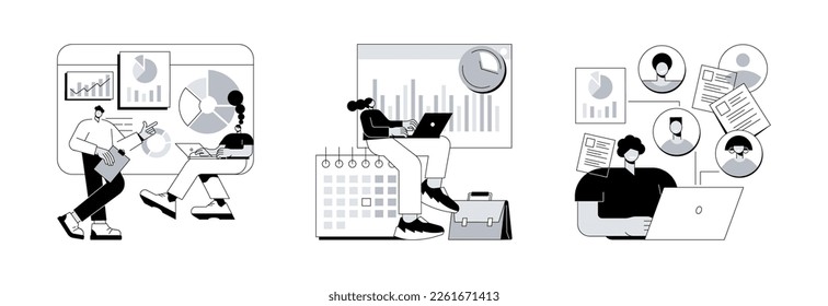 Conjunto de ilustraciones vectoriales de concepto abstracto de administración de negocios. Software de gestión de la innovación, sistema de seguimiento del tiempo y la asistencia, software de recursos humanos, seguimiento del tiempo de trabajo, metáfora abstracta del sistema de nómina de sueldos.