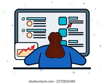 Business management and accounting concept. Businesswoman sitting at desk and working with computer, checking financial charts, managing online finances. 