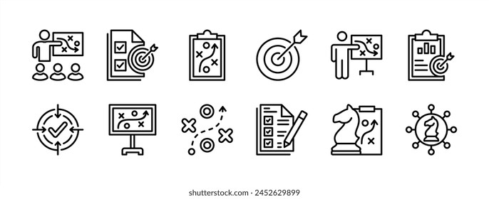 Business management action plan thin line icon set. Containing planning, strategy, analysis, target, goal, schedule, objective, aim, presentation, teamwork, achievement, meeting. Vector illustration