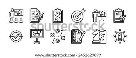 Business management action plan thin line icon set. Containing planning, strategy, analysis, target, goal, schedule, objective, aim, presentation, teamwork, achievement, meeting. Vector illustration