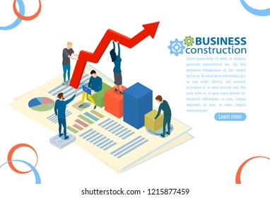 Business management and administration Website concept. People characters, team work on business building.  Flat isometric infographics or banner. Illustration with text place isolated on white.