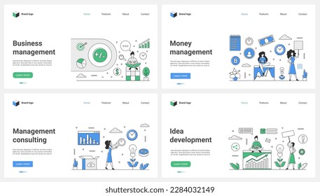 Business management, audit and consulting service, idea development thin line set vector illustration. Cartoon tiny people consult, work with financial plans and statistics, experts research charts