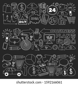 Business and management background. Pattern with finance icons. Conceptual illustration of projects organization, risk, development. Team working, budget planning.