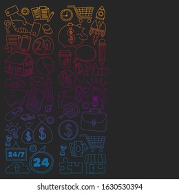 Business and management background. Pattern with finance icons. Conceptual illustration of projects organization, risk, development. Team working, budget planning.