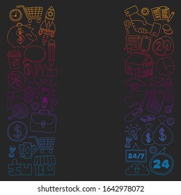 Business and management background. Pattern with finance icons. Conceptual illustration of projects organization, risk, development. Team working, budget planning.