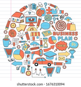 Business and management background. Pattern with finance icons. Conceptual illustration of projects organization, risk, development. Team working, budget planning.