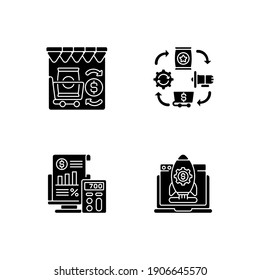 Business management black glyph icons set on white space. Retail trade, logistics organization, startup development. Bookkeeping and financial audit silhouette symbols. Vector isolated illustration