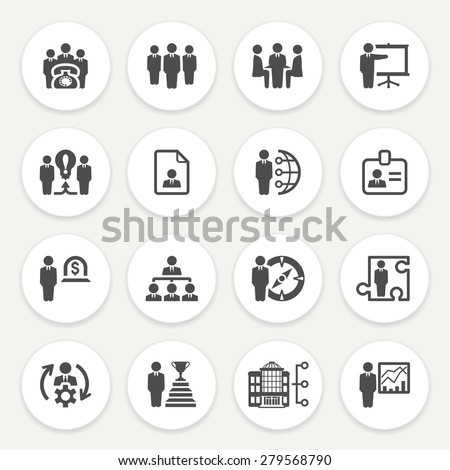 Business and management black icons with buttons on gray background.
