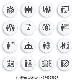 Business and management black icons on white buttons. Flat design.
