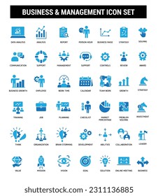 The business and Management blue fill color Icon Collection Set contains such Icons as strategy, report, support, review, award, team, solution, mission, vision, and more. Simple web icons set.