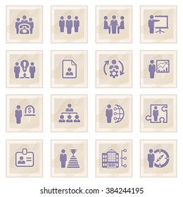 Business and management blue icons on old paper.