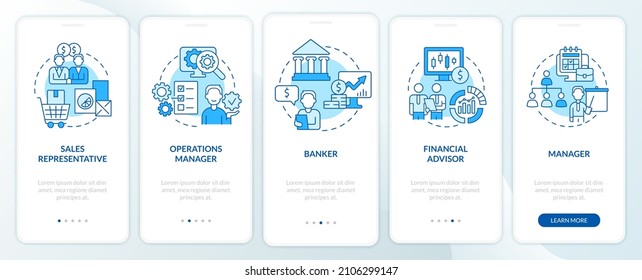 Business management careers blue onboarding mobile app screen. Walkthrough 5 steps graphic instructions pages with linear concepts. UI, UX, GUI template. Myriad Pro-Bold, Regular fonts used