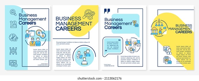 Business management careers blue and yellow brochure template. Booklet print design with linear icons. Vector layouts for presentation, annual reports, ads. Questrial, Lato-Regular fonts used