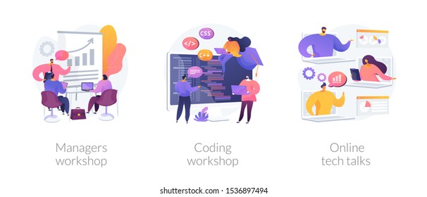 Business management coaching, programming courses, technical support icons set. Managers workshop, coding workshop, online tech talks metaphors. Vector isolated concept metaphor illustrations