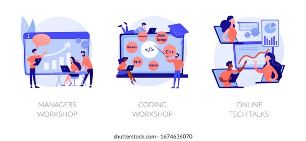 Entrenamiento en administración de negocios, cursos de programación, iconos de soporte técnico. Taller de gerentes, taller de codificación, metáforas de charlas tecnológicas en línea. Ilustraciones de metáforas conceptuales aisladas por vectores