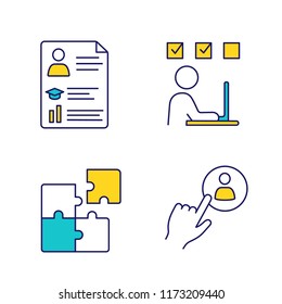 Business management color icons set. Resume, online training, solution searching, staff hiring button. Isolated vector illustrations