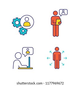 Business management color icons set. Teamwork, online job interview, chatting, decision management. Isolated vector illustrations