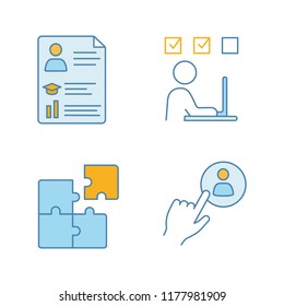 Business management color icons set. Resume, online training, solution searching, staff hiring button. Isolated vector illustrations