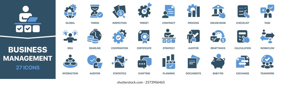 Business management colored signed icon collection. Target, checklist, deadline, strategy, planning icons. UI icon set. Colored icons pack. Vector illustration 