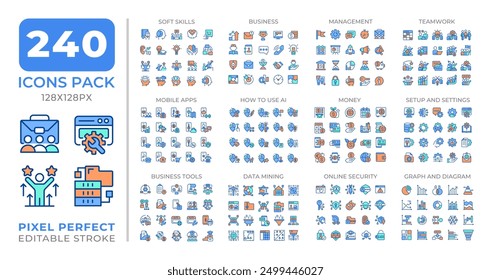 IT business management colorful icons set collection. AI, finance. Corporate soft skills, online security mega pack of flat line symbols, pixel perfect. Isolated vector illustrations. Editable stroke