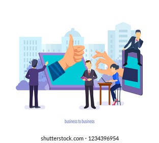 Business to business. Business management, communications, supply chain, market research, commerce sales analytics, financial relations between companies. E-commerce transactions. Vector illustration.