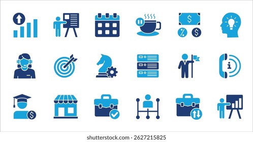 Business management company colored flat icon set. Contains symbol of finance, success, data, businessman, target, customer service, work, money, store, meeting, education, idea. Vector illustration