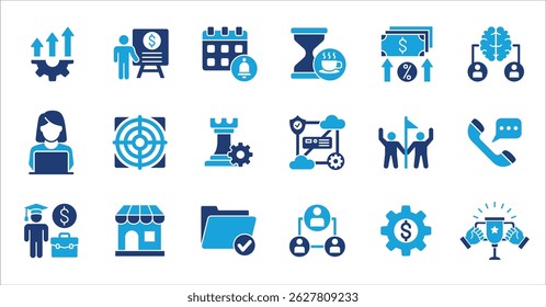 Business management company colored flat icon set. Contains symbol of finance, success, data, businessman, target, customer service, work, money, store, meeting, education, idea. Vector illustration