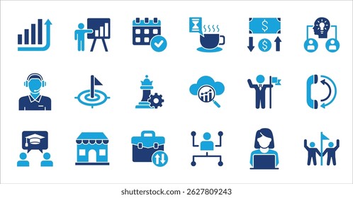 Business management company colored flat icon set. Contains symbol of finance, success, data, businessman, target, customer service, work, money, store, meeting, education, idea. Vector illustration