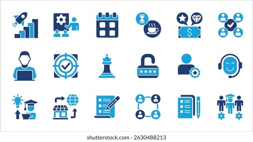 Business management company colored flat icon set. Contains symbol of finance, success, data, businessman, target, customer service, work, money, store, meeting, education, idea. Vector illustration