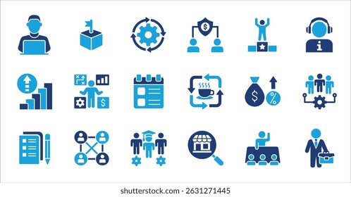 Business management company colored flat icon set. Contains symbol of finance, success, data, businessman, target, customer service, work, money, store, meeting, education, idea. Vector illustration
